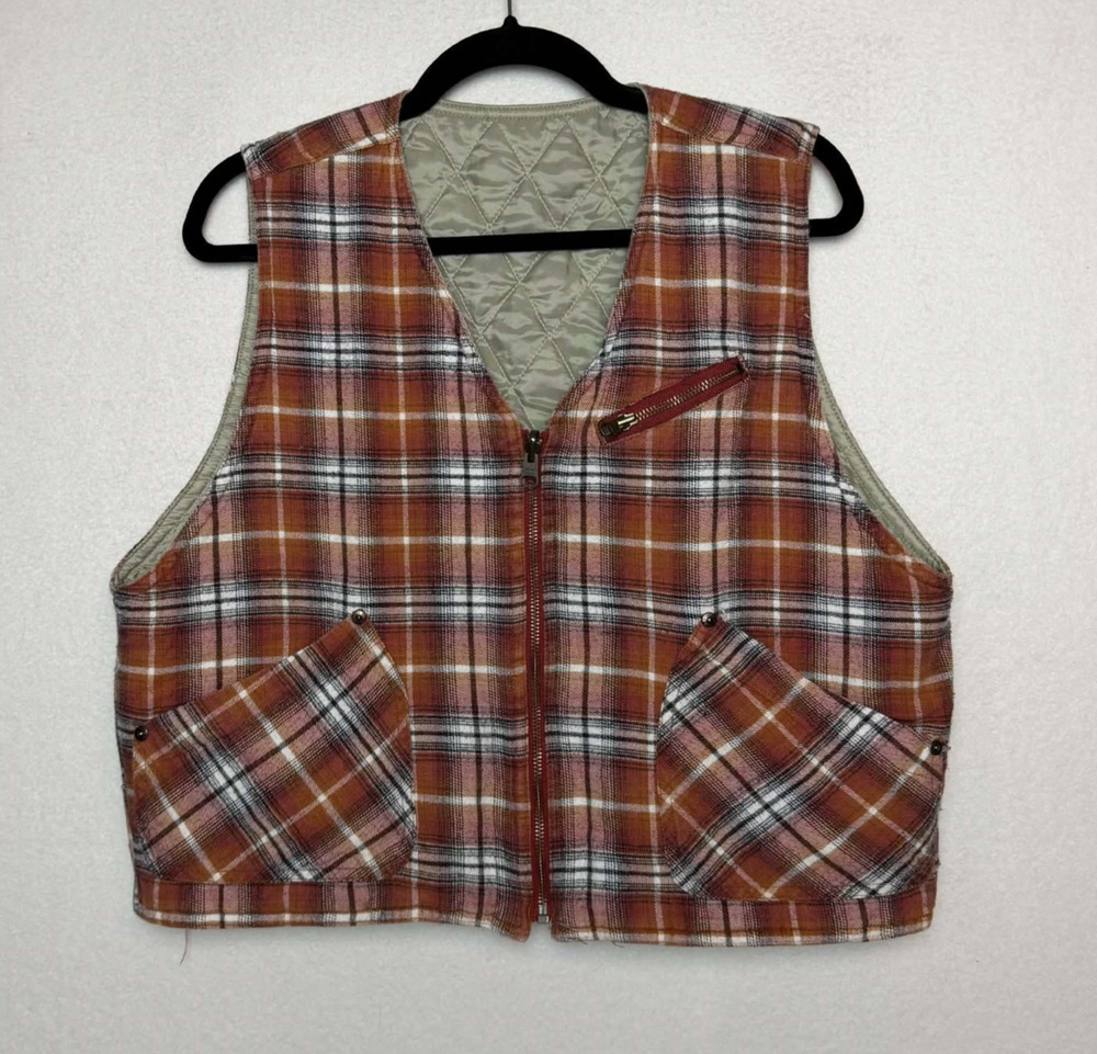 Vintage 90s Columbia Orange Plaid Flannel Vest Zip-Up Women Size M Quilted Lined